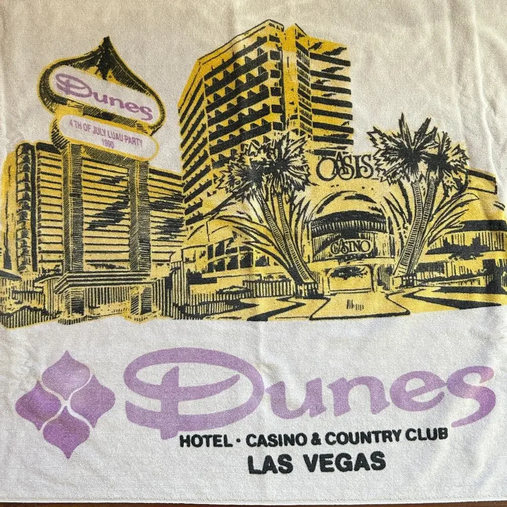 Vintage 90s Dunes Casino Las Vegas Beach Towel Gray Gambling Gambler Luau July 4